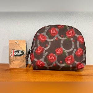 JUSTIN BOOTS NWT Western Dome Cosmetic Bag Horseshoe Roses Brown Red Pocket NEW